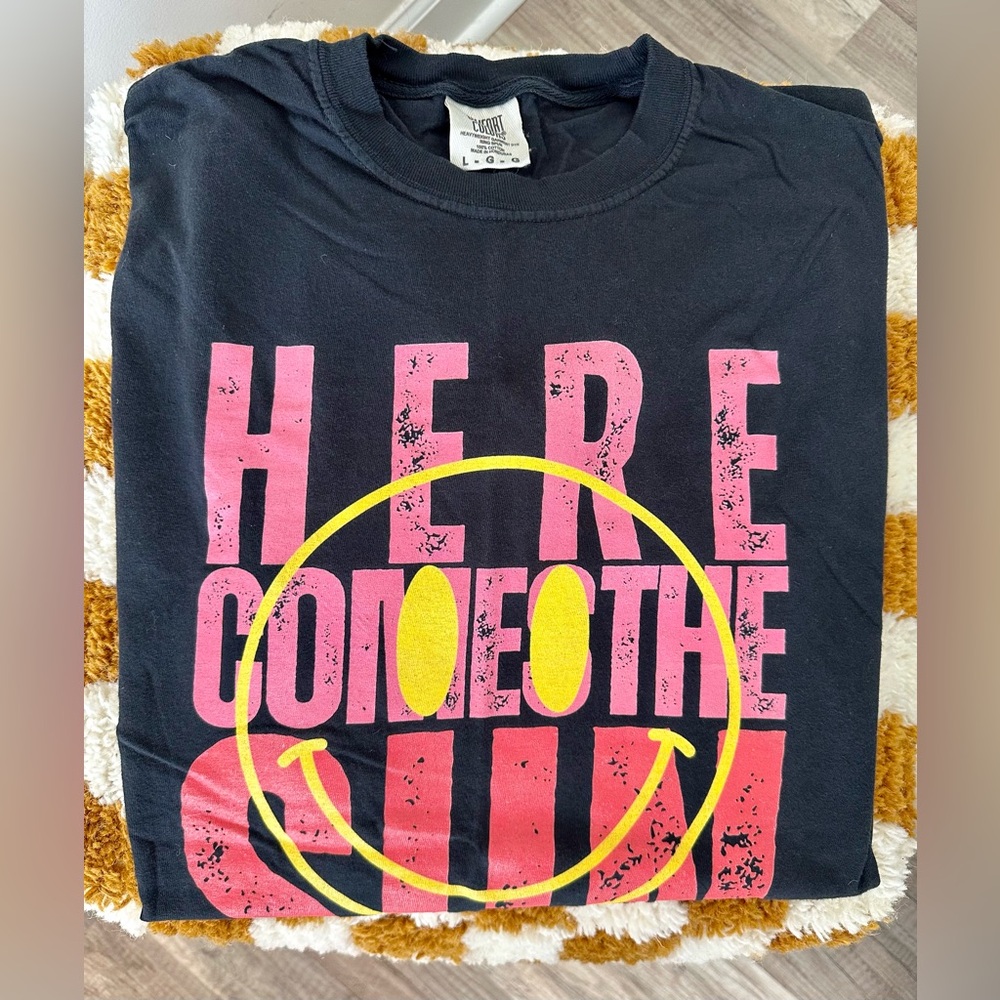 Comfort Colors Black Graphic Tee with Neon Pink and Yellow Smiley Design